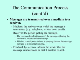 The Communication Process
(cont’d)
• Messages are transmitted over a medium to a
receiver.
– Medium: the pathway over which the message is
transmitted (e.g., telephone, written note, email).
– Receiver: the person getting the message.
• The receiver decodes (interprets) the message, allowing the
receiver to understand the message.
• This is a critical point: failure to properly decode the message
can lead to a misunderstanding.
– Feedback by receiver informs the sender that the
message is understood or that it must be re-sent.
 