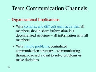 70
Team Communication Channels
• Organizational Implications
 With complex and difficult team activities, all
members should share information in a
decentralized structure – all information with all
members
 With simple problems, centralized
communication structure – communicating
through one individual to solve problems or
make decisions
 
