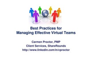 Best Practices for
Managing Effective Virtual Teams
Carmen Proctor, PMP
Client Services, ShareRounds
http://www.linkedin.com/in/cproctor
 