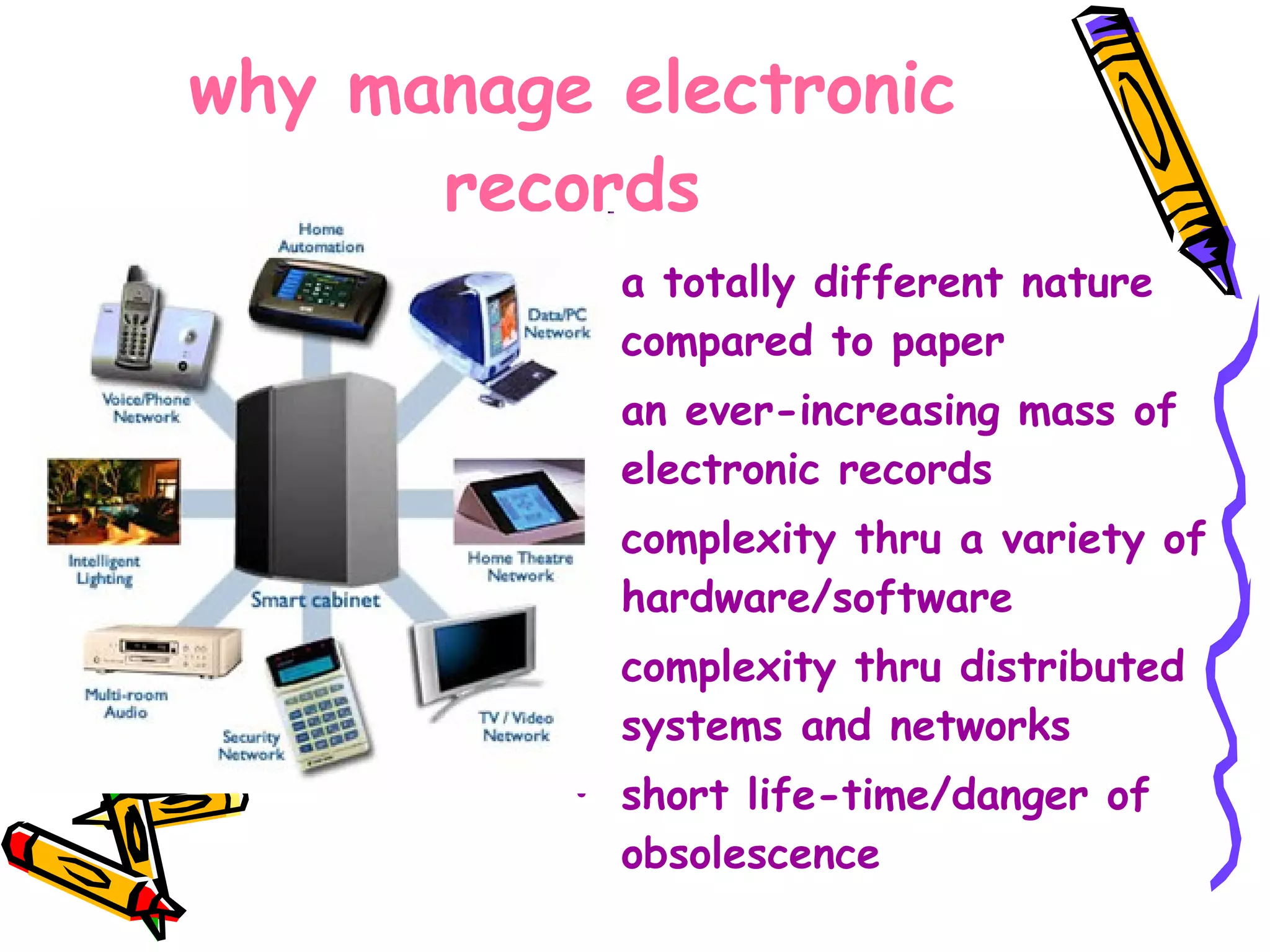 why manage electronic records a totally different nature compared to paper an ever-increasing mass of electronic records complexity thru a variety of hardware/software complexity thru distributed systems and networks short life-time/danger of obsolescence 