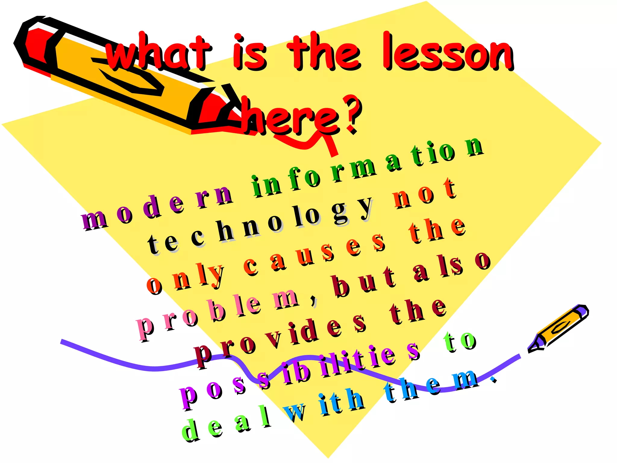 what is the lesson here ? modern   information   technology   not only causes the   problem ,  but also provides the   possibilities   to deal  with them. 