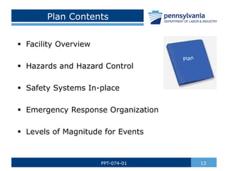 Plan Contents
 Facility Overview
 Hazards and Hazard Control
 Safety Systems In-place
 Emergency Response Organization...