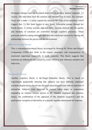S2 Group11 9
                                                                      Managing Emotions

  biological changes such as increased heart rate or pituitary adrenal response. 3.)
  Action—the individual feels the emotion and chooses how to react. For example:
  Jenny sees a snake. 1.) Jenny cognitively assesses the snake in her presence, which
  triggers fear. 2.) Her heart begins to race faster. Adrenaline pumps through her
  blood stream. 3.) Jenny screams and runs away. Lazarus stressed that the quality
  and intensity of emotions are controlled through cognitive processes. These
  processes underlie coping strategies that form the emotional reaction by altering the
  relationship between the person and the environment.

Affective events theory
  This a communication-based theory developed by Howard M. Weiss and Russell
  Cropanzano (1996) that looks at the causes, structures, and consequences of
  emotional experience (especially in work contexts). This theory suggests that
  emotions are influenced and caused by events which in turn influence attitudes and
  behaviors.



Two-factor theory
  Another cognitive theory is the Singer–Schachter theory. This is based on
  experiments purportedly showing that subjects can have different emotional
  reactions despite being placed into the same physiological state with an injection of
  adrenaline. Subjects were observed to express either anger or amusement
  depending on whether another person in the situation displayed that emotion.
  Hence, the combination of the appraisal of the situation (cognitive) and the
  participants' reception of adrenaline or a placebo together determined the response.




                                                                                         9
 