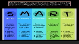 To be efficient at MBOs, the managers and employees should be able to develop strong
objectives that are SMART (Specific, Measurable, Attainable, Relevant and Time-bound)
 