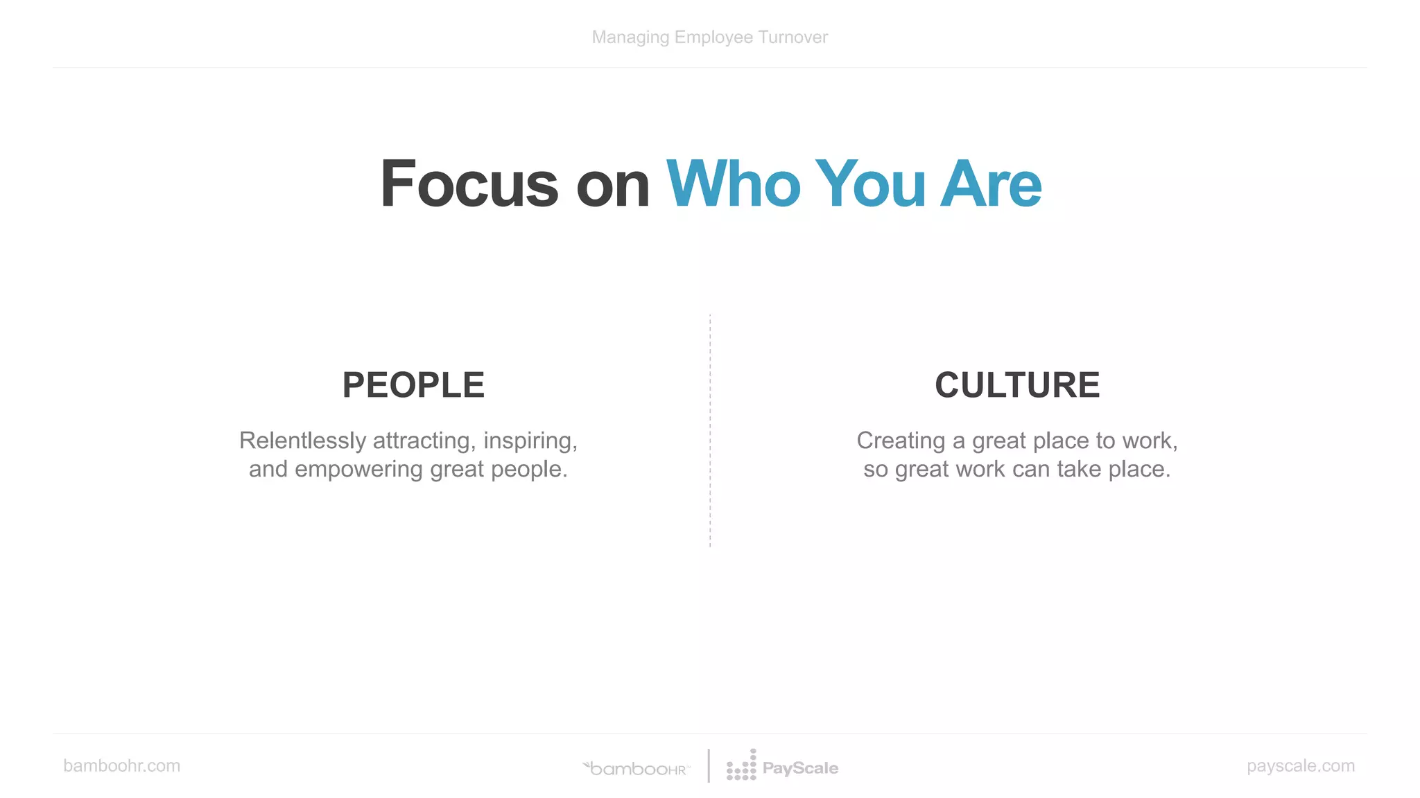 bamboohr.com payscale.com
Managing Employee Turnover
Focus on Who You Are
PEOPLE
Relentlessly attracting, inspiring,
and empowering great people.
CULTURE
Creating a great place to work,
so great work can take place.
 