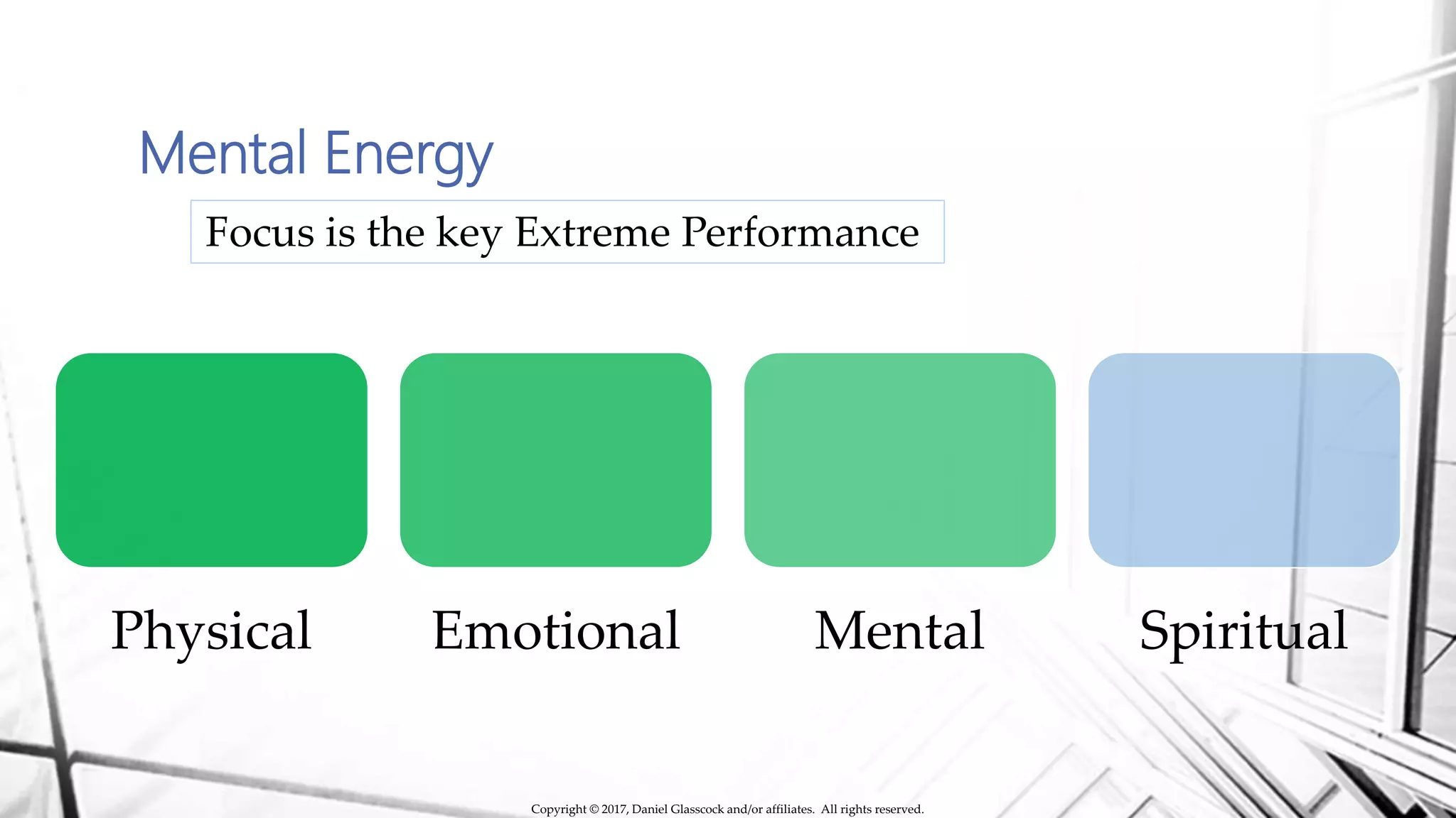 Mental Energy
Physical Emotional Mental Spiritual
Focus is the key Extreme Performance
Copyright © 2017, Daniel Glasscock and/or affiliates. All rights reserved.
 