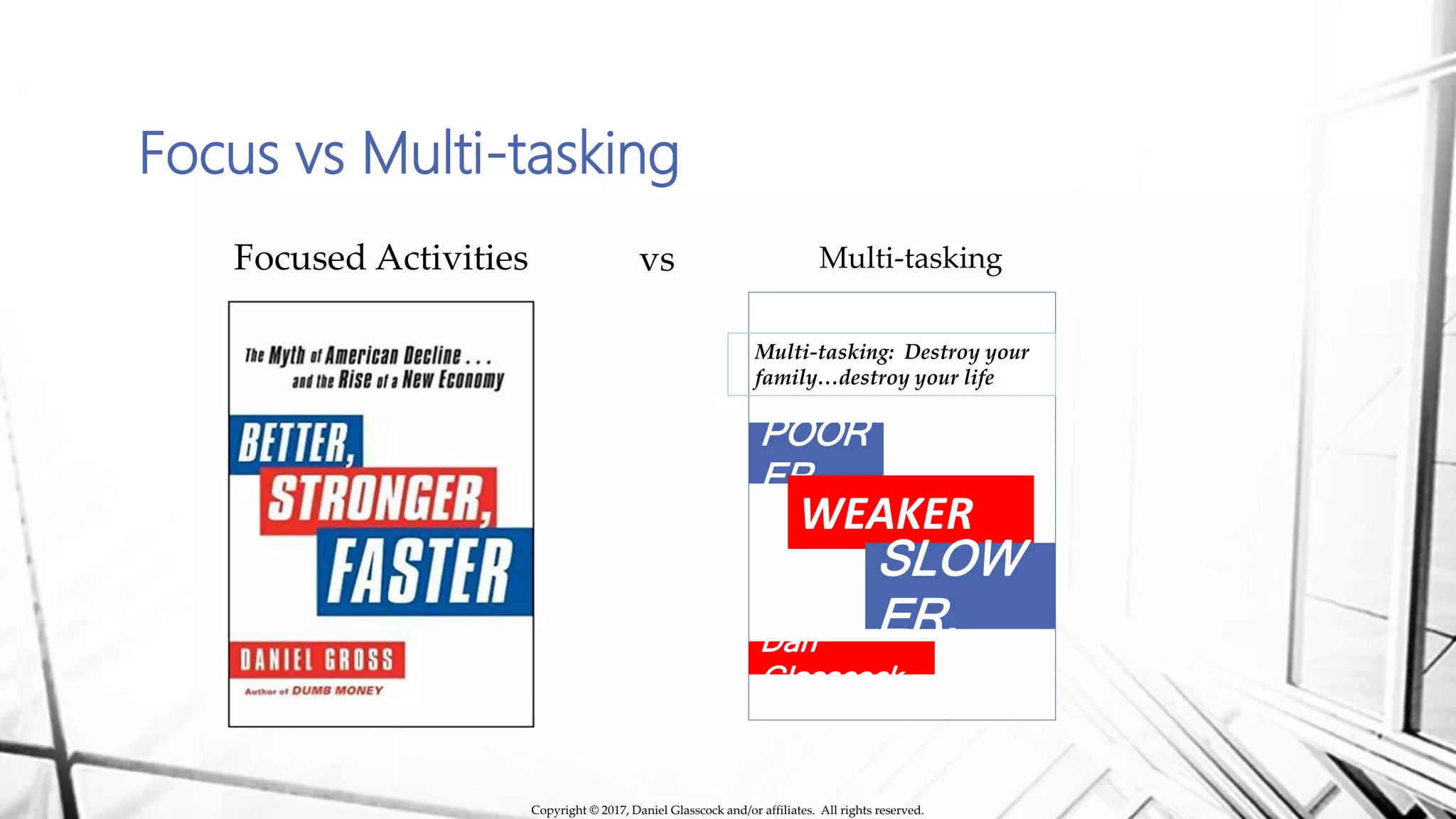Focus vs Multi-tasking
Focused Activities Multi-tasking
Copyright © 2017, Daniel Glasscock and/or affiliates. All rights reserved.
Multi-tasking: Destroy your
family…destroy your life
POOR
ER,
WEAKER
SLOW
ER,Dan
Glasscock
vs
 