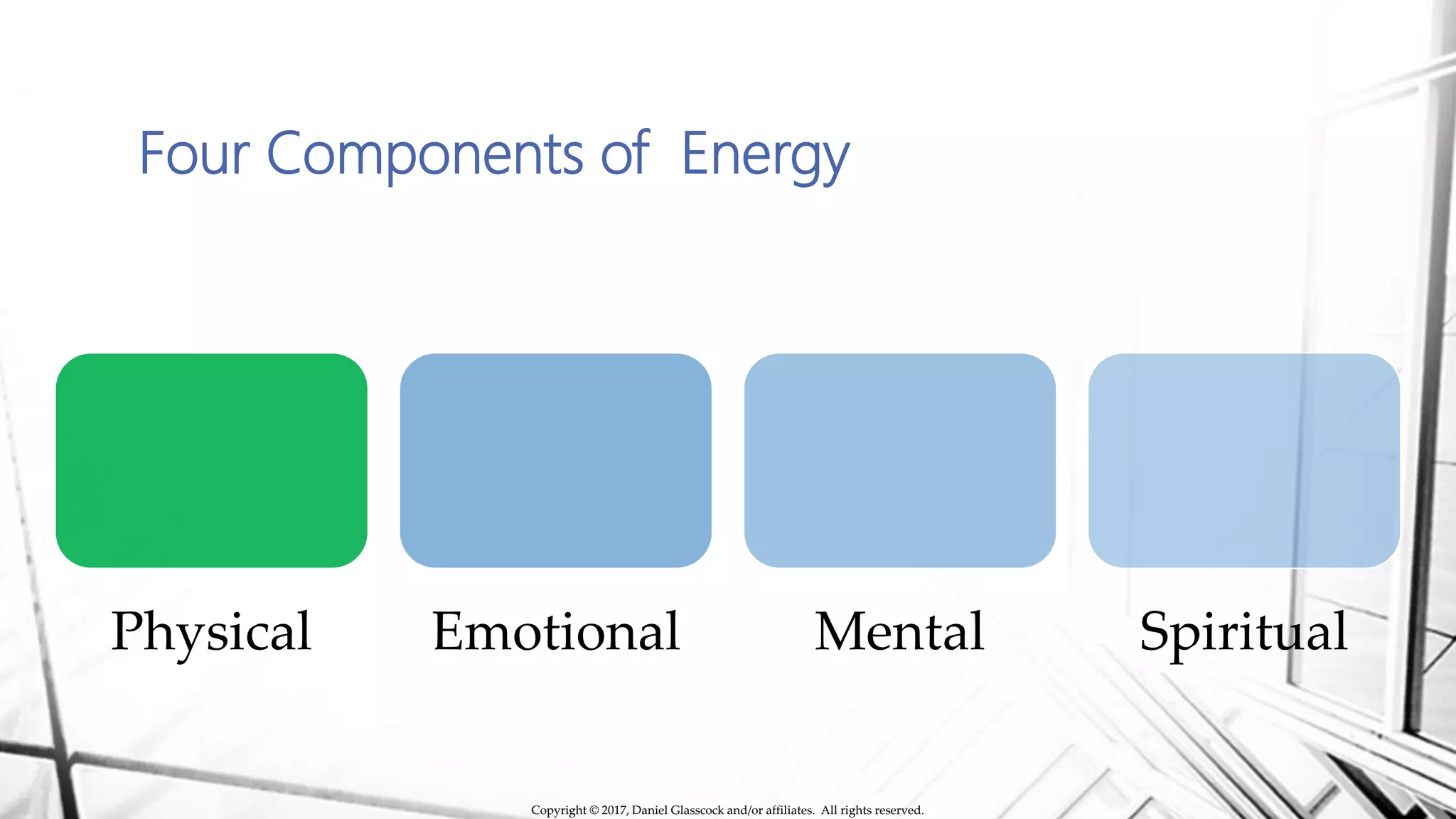 Four Components of Energy
Physical Emotional Mental Spiritual
Copyright © 2017, Daniel Glasscock and/or affiliates. All rights reserved.
 