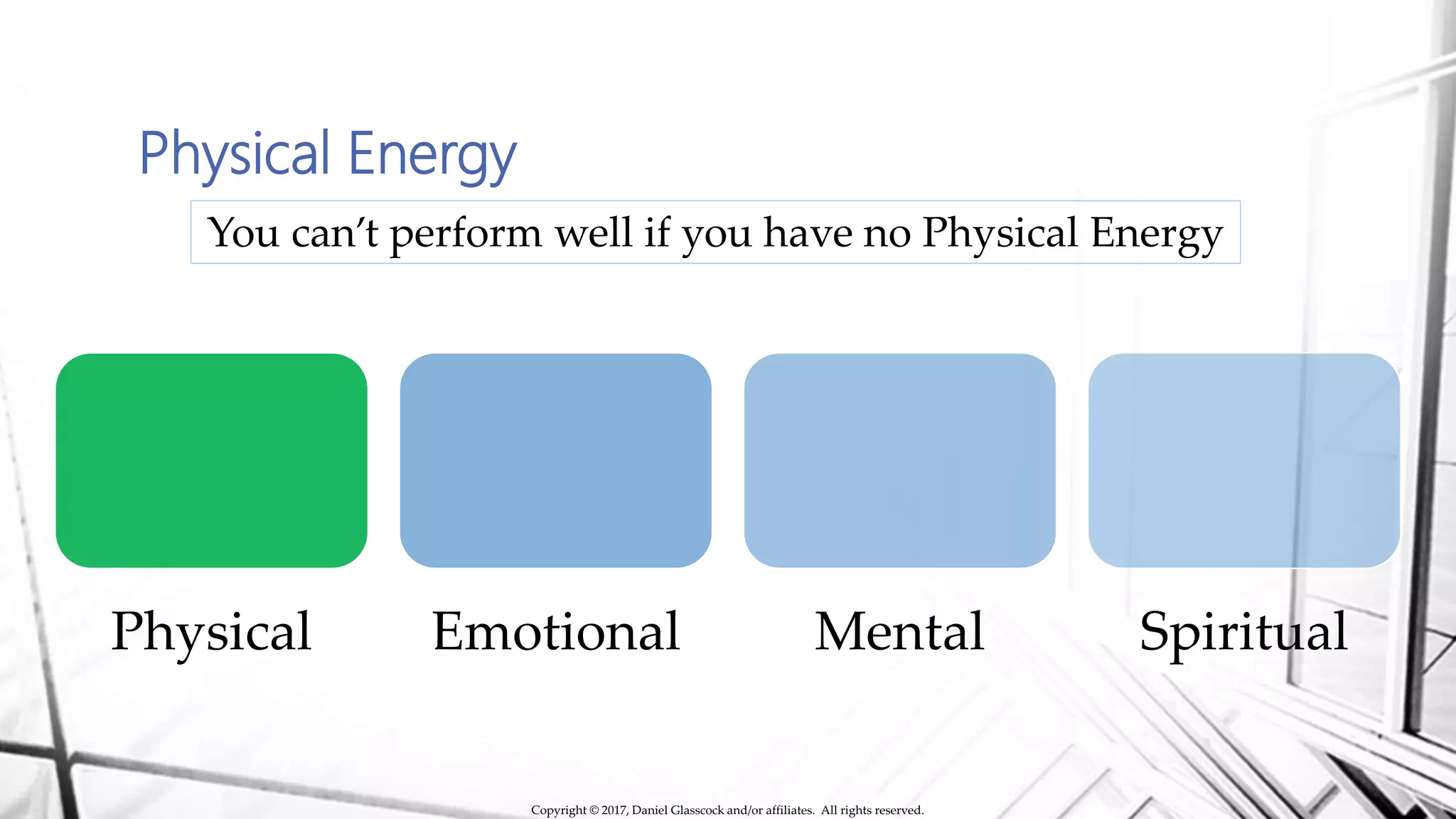 Physical Energy
Physical Emotional Mental Spiritual
You can’t perform well if you have no Physical Energy
Copyright © 2017, Daniel Glasscock and/or affiliates. All rights reserved.
 