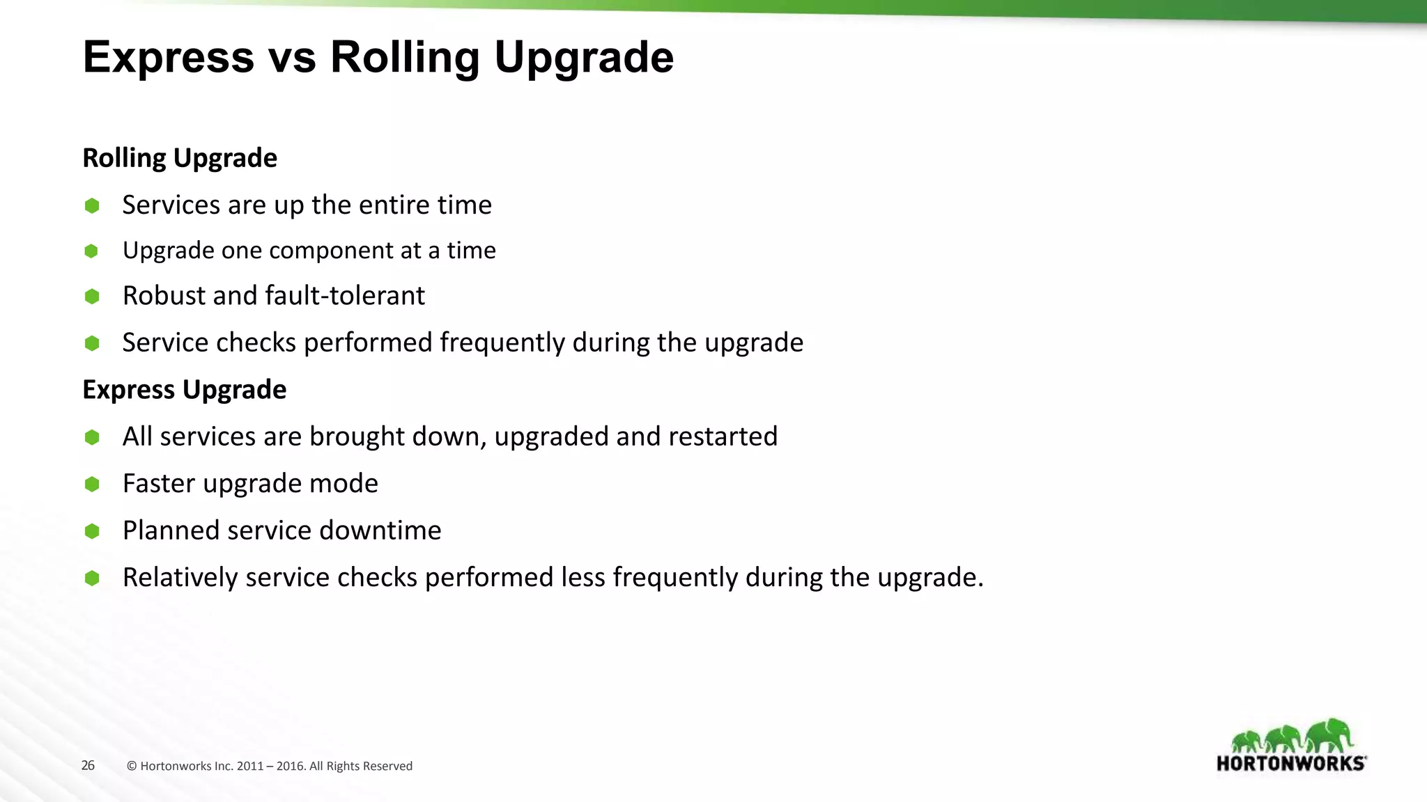26 © Hortonworks Inc. 2011 – 2016. All Rights Reserved
Express vs Rolling Upgrade
Rolling Upgrade
 Services are up the entire time
 Upgrade one component at a time
 Robust and fault-tolerant
 Service checks performed frequently during the upgrade
Express Upgrade
 All services are brought down, upgraded and restarted
 Faster upgrade mode
 Planned service downtime
 Relatively service checks performed less frequently during the upgrade.
 