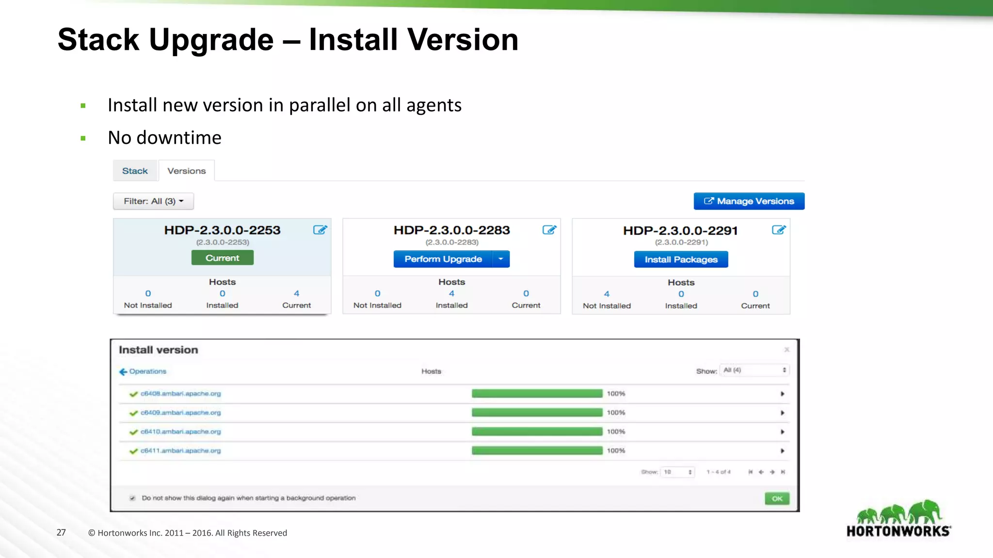 27 © Hortonworks Inc. 2011 – 2016. All Rights Reserved
Stack Upgrade – Install Version
 Install new version in parallel on all agents
 No downtime
 