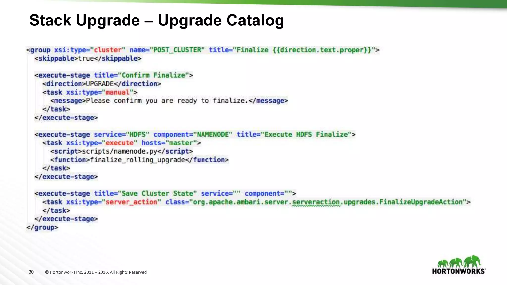 30 © Hortonworks Inc. 2011 – 2016. All Rights Reserved
Stack Upgrade – Upgrade Catalog
 