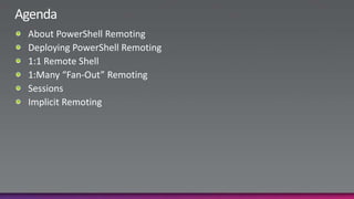 AgendaAbout PowerShell RemotingDeploying PowerShell Remoting1:1 Remote Shell1:Many “Fan-Out” RemotingSessionsImplicit Remoting