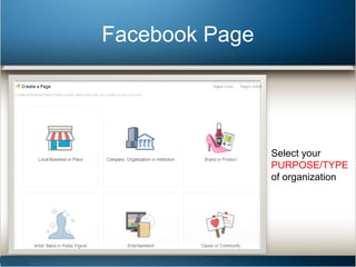 Facebook Page 
Select your 
PURPOSE/TYPE 
of organization 
 