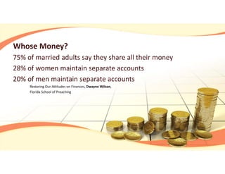 Whose Money?
75% of married adults say they share all their money
28% of women maintain separate accounts
20% of men maintain separate accounts
Restoring Our Attitudes on Finances, Dwayne Wilson, 
Florida School of Preaching
 