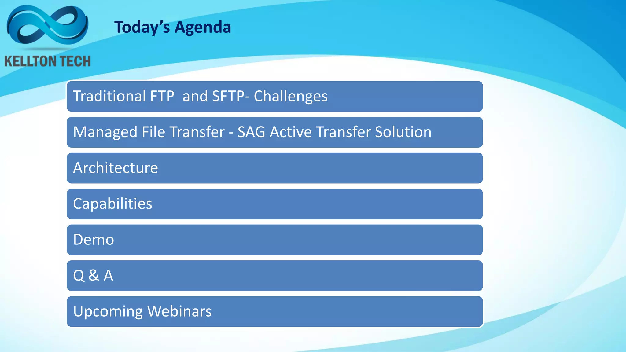 Today’s Agenda
Traditional FTP and SFTP- Challenges
Managed File Transfer - SAG Active Transfer Solution
Architecture
Capabilities
Demo
Q & A
Upcoming Webinars
 