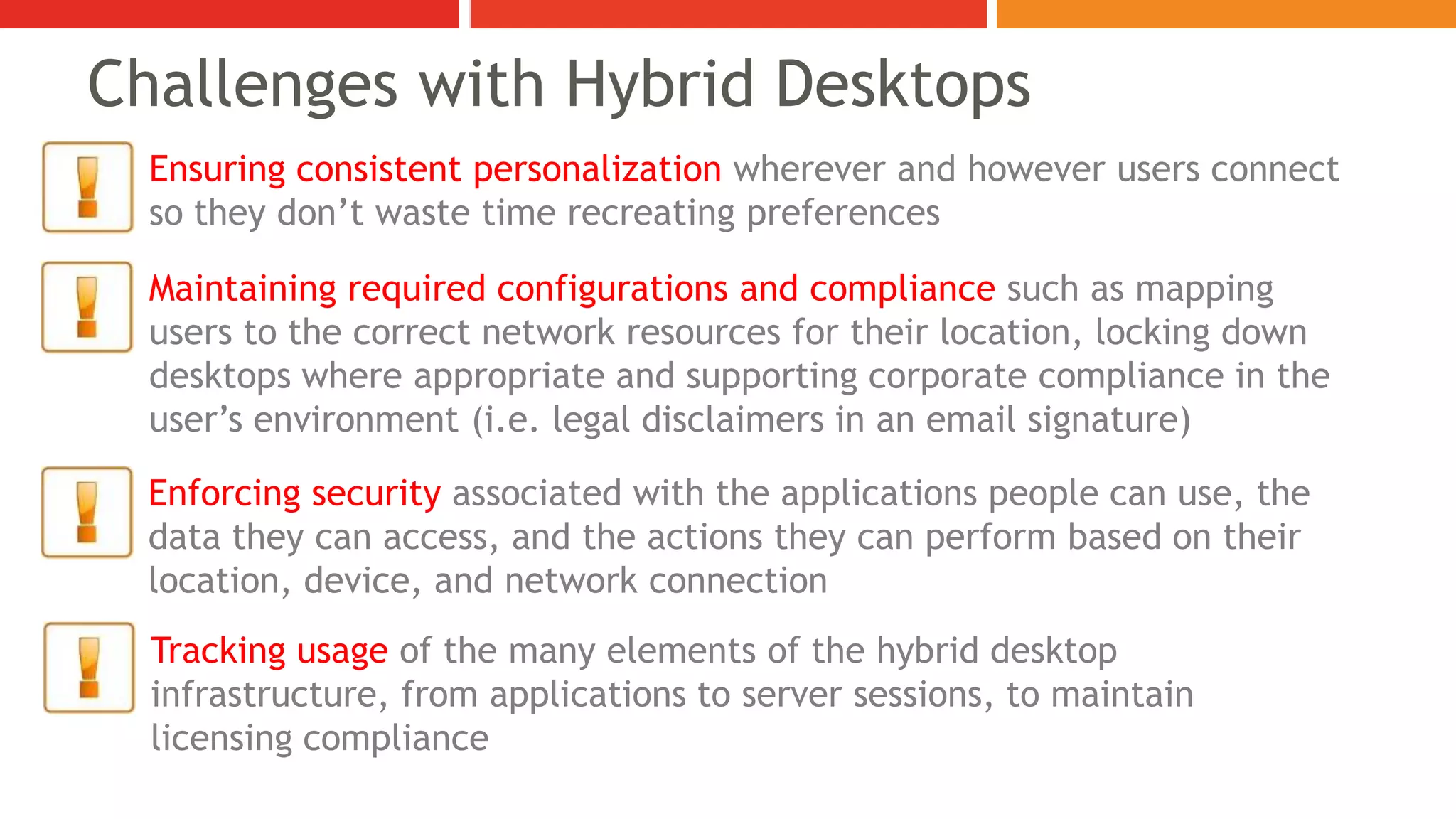 RES Software at a GlanceApp and Desktop Delivery Options - 2001On-Demand AppsFixed Rich ClientWindows XPHosted Shared10 years ago, there were really only two architectures for providing Windows desktops and apps to usersRich Client
