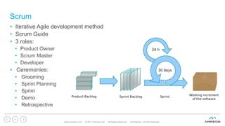 Scrum
• Iterative Agile development method
• Scrum Guide
• 3 roles:
• Product Owner
• Scrum Master
• Developer
• Ceremonies:
• Grooming
• Sprint Planning
• Sprint
• Demo
• Retrospective
www.ammeon.com © 2017 Ammeon Ltd. All Rights Reserved. Confidential - Do Not Distribute.
11
 