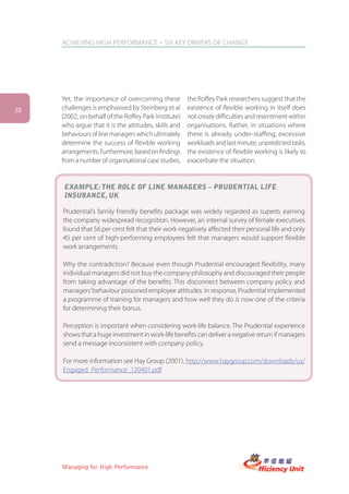 ACHIEVING HIGH PERFORMANCE – SIX KEY DRIVERS OF CHANGE




     Yet, the importance of overcoming these          the Roffey Park researchers suggest that the
32   challenges is emphasised by Steinberg et al      existence of flexible working in itself does
     (2002, on behalf of the Roffey Park Institute)   not create difficulties and resentment within
     who argue that it is the attitudes, skills and   organisations. Rather, in situations where
     behaviours of line managers which ultimately     there is already under-staffing, excessive
     determine the success of flexible working        workloads and last minute, unpredicted tasks,
     arrangements. Furthermore, based on findings     the existence of flexible working is likely to
     from a number of organisational case studies,    exacerbate the situation.


     exaMPLe: tHe roLe of Line Managers – PrUDentiaL Life
     insUrance, UK

     Prudential’s family friendly benefits package was widely regarded as superb, earning
     the company widespread recognition. However, an internal survey of female executives
     found that 56 per cent felt that their work negatively affected their personal life and only
     45 per cent of high-performing employees felt that managers would support flexible
     work arrangements.

     Why the contradiction? Because even though Prudential encouraged flexibility, many
     individual managers did not buy the company philosophy and discouraged their people
     from taking advantage of the benefits. This disconnect between company policy and
     managers’ behaviour poisoned employee attitudes. In response, Prudential implemented
     a programme of training for managers and how well they do is now one of the criteria
     for determining their bonus.

     Perception is important when considering work-life balance. The Prudential experience
     shows that a huge investment in work-life benefits can deliver a negative return if managers
     send a message inconsistent with company policy.

     For more information see Hay Group (2001), http://www.haygroup.com/downloads/us/
     Engaged_Performance_120401.pdf




     Managing for High Performance
 