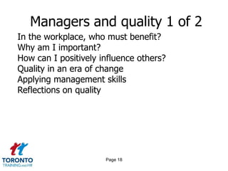 Page 16Managers v leaders-resilience 2 of 2Managers hope to find life balance; leaders discover their own resilience formula for generating sustainable energy.Managers control to minimize risk and maximize results; leaders trust to multiply opportunity and optimize long-term sustainability.Managers tend to focus on goals; leaders try to focus on purpose.Managers tend to focus on limited resources (time, money) while leaders tend to focus on investing in unlimitedresources of energy, purpose, engagement, vision and contribution.
