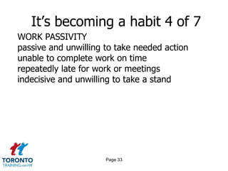 Page 31It’s becoming a habit 2 of 7WORK COLLABORATION & PEOPLE RELATIONSdemonstrate civility, courtesy and decencyshow concern for the personal well being of othersdemonstrate a caring attitude toward otherscontribute their "fair share" on collaborative taskswork effectively with other managers and supervisorsseek the input of those affected by decisionslisten to others' views before making any judgments