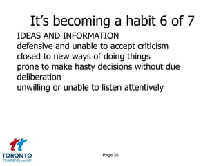 Page 33It’s becoming a habit 4 of 7WORK PASSIVITYpassive and unwilling to take needed actionunable to complete work on timerepeatedly late for work or meetingsindecisive and unwilling to take a stand
