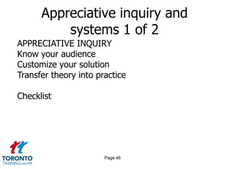 Page 44Cause of problems 5 of 5PEOPLE-CENTRIC MANAGEMENTInternal service quality is a key driver Internal service quality leads to employee satisfaction, resulting in employee retention and productivityEmployee satisfaction leads to customer satisfactionCustomer satisfaction leads to customer loyalty, which results in retention, repeat business, and referralsCustomer loyalty leads to revenue growth and profitability 