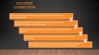 ACCOUNT
CORRECTION
Account correction transaction resolves posting error on guest
or non-guest folio
Account corrections are made on the same day as error is
discovered, before close of business
Account correction can either increase or decrease account
balance
Correction voucher is used to document account correction
transaction
Staff posting correction signs correction voucher & presents it
to manager or supervisor on duty for review & approval
 