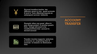 ACCOUNT
TRANSFER
Account transfers involve two
different, guest or non- guest accounts
& tend to have offsetting impacts on
subsequent account balances
Example: when one guest offers to
pay charge posted to another guest’s
folio, charge will need to be
transferred from first account to
second account
Transfer voucher supports reduction
in balance on originating folio &
increase in balance on destination
folio
 