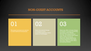NON-GUEST ACCOUNTS
Non-guest accounts are created
to track deferred transactions
01
Hotel may extend charge
privileges to local
businesses/agencies called
House or City Ledger
02
Hotel may offer in-house charge
privileges to groups sponsoring
meetings at hotel Master
Account Non-guest account
may also be created when guest
fails to settle account at
departure Responsibility for
account settlement then shifts
from front office to back office
accounting division
03
 