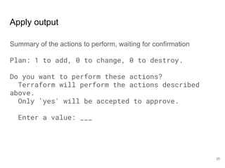 Apply output
Summary of the actions to perform, waiting for confirmation
Plan: 1 to add, 0 to change, 0 to destroy.
Do you want to perform these actions?
Terraform will perform the actions described
above.
Only 'yes' will be accepted to approve.
Enter a value: ___
25
 