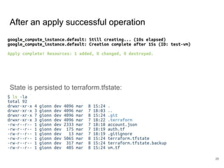 After an apply successful operation
State is persisted to terraform.tfstate:
26
 