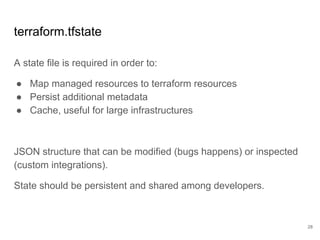 terraform.tfstate
A state file is required in order to:
● Map managed resources to terraform resources
● Persist additional metadata
● Cache, useful for large infrastructures
JSON structure that can be modified (bugs happens) or inspected
(custom integrations).
State should be persistent and shared among developers.
28
 