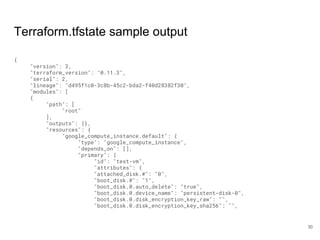 Terraform.tfstate sample output
{
"version": 3,
"terraform_version": "0.11.3",
"serial": 2,
"lineage": "d495f1c0-3c8b-45c2-bda2-f40d28382f30",
"modules": [
{
"path": [
"root"
],
"outputs": {},
"resources": {
"google_compute_instance.default": {
"type": "google_compute_instance",
"depends_on": [],
"primary": {
"id": "test-vm",
"attributes": {
"attached_disk.#": "0",
"boot_disk.#": "1",
"boot_disk.0.auto_delete": "true",
"boot_disk.0.device_name": "persistent-disk-0",
"boot_disk.0.disk_encryption_key_raw": "",
"boot_disk.0.disk_encryption_key_sha256": "",
30
 