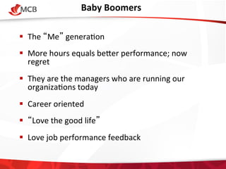 Baby	
  Boomers 	
  
!  The	
  “Me”	
  genera4on	
  
!  More	
  hours	
  equals	
  beVer	
  performance;	
  now	
  
regret	
  
!  They	
  are	
  the	
  managers	
  who	
  are	
  running	
  our	
  
organiza4ons	
  today	
  
	
  
!  Career	
  oriented	
  
!  “Love	
  the	
  good	
  life”	
  
!  Love	
  job	
  performance	
  feedback	
  

 