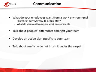 CommunicaCon
	
  
•  What	
  do	
  your	
  employees	
  want	
  from	
  a	
  work	
  environment?	
  
–  Forget	
  exit	
  surveys;	
  why	
  do	
  people	
  stay?	
  
–  What	
  do	
  you	
  want	
  from	
  your	
  work	
  environment?	
  
	
  

•  Talk	
  about	
  peoples’	
  diﬀerences	
  amongst	
  your	
  team	
  
	
  
•  Develop	
  an	
  ac4on	
  plan	
  speciﬁc	
  to	
  your	
  team	
  
	
  
•  Talk	
  about	
  conﬂict	
  –	
  do	
  not	
  brush	
  it	
  under	
  the	
  carpet	
  
	
  

 