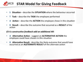 STAR	
  Model	
  for	
  Giving	
  Feedback
	
  
•  S	
  	
  	
  SituaCon	
  –	
  describe	
  the	
  SITUATION	
  where	
  the	
  behaviour	
  occurred	
  
•  T	
  	
  	
  Task	
  –	
  describe	
  the	
  TASK	
  the	
  employee	
  performed	
  
•  A	
  	
  	
  AcCon	
  –	
  describe	
  the	
  ACTION	
  the	
  employee	
  chose	
  in	
  this	
  situa4on	
  
•  R	
  	
  	
  Result	
  –	
  describe	
  the	
  outcome	
  that	
  occurred	
  as	
  a	
  RESULT	
  of	
  the	
  
ac4on	
  
If	
  it	
  is	
  construc/ve	
  feedback	
  add	
  an	
  addi/onal	
  AR:	
  
•  A	
  	
  	
  AlternaCve	
  AcCon	
  -­‐	
  suggest	
  an	
  ALTERNATIVE	
  ACTION	
  the	
  
employee	
  could	
  have	
  chosen	
  in	
  this	
  situa4on	
  
•  R	
  	
  	
  AlternaCve	
  Result	
  -­‐	
  describe	
  the	
  likely	
  outcome	
  that	
  would	
  have	
  
occurred	
  as	
  an	
  ALETERNATE	
  RESULT	
  of	
  the	
  alternate	
  ac4on	
  

 