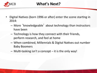 What’s	
  Next?
	
  
•  Digital	
  Na4ves	
  (born	
  1996	
  or	
  aqer)	
  enter	
  the	
  scene	
  star4ng	
  in	
  
2014:	
  
–  More	
  ‘knowledgeable’	
  about	
  technology	
  than	
  instructors	
  
have	
  been	
  
–  Technology	
  is	
  how	
  they	
  connect	
  with	
  their	
  friends,	
  
perform	
  research,	
  and	
  feel	
  at	
  home	
  	
  
–  When	
  combined,	
  Millennials	
  &	
  Digital	
  Na4ves	
  out	
  number	
  
Baby	
  Boomers	
  
–  Mul4-­‐tasking	
  isn’t	
  a	
  concept	
  –	
  it	
  is	
  the	
  only	
  way!	
  

 