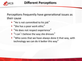 Diﬀerent	
  PercepCons
	
  
Percep4ons	
  frequently	
  have	
  genera4onal	
  issues	
  as	
  
their	
  cause	
  
! 
! 
! 
! 
! 

“He	
  is	
  not	
  commiVed	
  to	
  his	
  job”	
  
“She	
  has	
  a	
  poor	
  work	
  ethic”	
  
“He	
  does	
  not	
  respect	
  experience”	
  
“I	
  can’t	
  believe	
  the	
  way	
  she	
  dresses”	
  
“Who	
  cares	
  that	
  we	
  have	
  always	
  done	
  it	
  that	
  way,	
  with	
  
technology	
  we	
  can	
  do	
  it	
  beVer	
  this	
  way”	
  

 