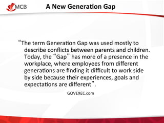 A	
  New	
  GeneraCon	
  Gap
	
  

	
  
“The	
  term	
  Genera4on	
  Gap	
  was	
  used	
  mostly	
  to	
  
describe	
  conﬂicts	
  between	
  parents	
  and	
  children.
	
  
Today,	
  the	
  “Gap”	
  has	
  more	
  of	
  a	
  presence	
  in	
  the	
  
workplace,	
  where	
  employees	
  from	
  diﬀerent	
  
genera4ons	
  are	
  ﬁnding	
  it	
  diﬃcult	
  to	
  work	
  side	
  
by	
  side	
  because	
  their	
  experiences,	
  goals	
  and	
  
expecta4ons	
  are	
  diﬀerent”.	
  
	
  	
   	
   	
   	
   	
   	
  GOVEXEC.com	
  	
  

 