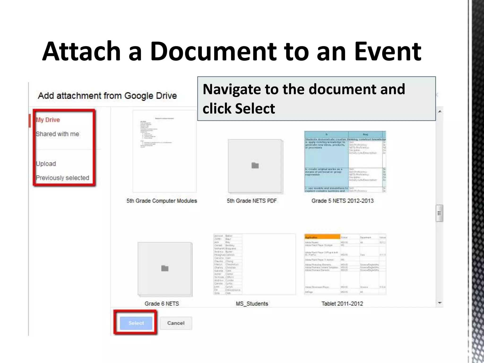 Navigate to the document and
click Select
 