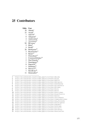 25 Contributors

              Edits   User
                38    Aburda1
                22    Acook2
                  1   Ad23103
                  8   Adrignola4
                  4   Andrewalma5
                  1   Avicennasis6
                84    BCromey7
                  5   Blutz8
                  4   Booth9
                26    Brettlyman10
                  2   Bryan3curtis11
                  4   Buster12
                  1   Choiceheart13
                  1   CommonsDelinker14
                  2   Dan Polansky15
                  1   Danieljpeter16
                  8   Dapowell17
                  1   Darklama18
                  8   Darvas7319
                  1   DavidCary20
                11    Dennisallen21

1    http://en.wikibooks.org/w/index.php?title=User:Aburda
2    http://en.wikibooks.org/w/index.php?title=User:Acook
3    http://en.wikibooks.org/w/index.php?title=User:Ad2310
4    http://en.wikibooks.org/w/index.php?title=User:Adrignola
5    http://en.wikibooks.org/w/index.php?title=User:Andrewalma
6    http://en.wikibooks.org/w/index.php?title=User:Avicennasis
7    http://en.wikibooks.org/w/index.php?title=User:BCromey
8    http://en.wikibooks.org/w/index.php?title=User:Blutz
9    http://en.wikibooks.org/w/index.php?title=User:Booth
10   http://en.wikibooks.org/w/index.php?title=User:Brettlyman
11   http://en.wikibooks.org/w/index.php?title=User:Bryan3curtis
12   http://en.wikibooks.org/w/index.php?title=User:Buster
13   http://en.wikibooks.org/w/index.php?title=User:Choiceheart
14   http://en.wikibooks.org/w/index.php?title=User:CommonsDelinker
15   http://en.wikibooks.org/w/index.php?title=User:Dan_Polansky
16   http://en.wikibooks.org/w/index.php?title=User:Danieljpeter
17   http://en.wikibooks.org/w/index.php?title=User:Dapowell
18   http://en.wikibooks.org/w/index.php?title=User:Darklama
19   http://en.wikibooks.org/w/index.php?title=User:Darvas73
20   http://en.wikibooks.org/w/index.php?title=User:DavidCary
21   http://en.wikibooks.org/w/index.php?title=User:Dennisallen




                                                                      177
 