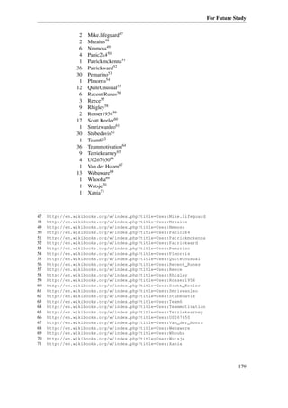 For Future Study


                 2   Mike.lifeguard47
                 2   Mrzaius48
                 6   Nmmoss49
                 4   Panic2k450
                 1   Patrickmckenna51
                36   Patrickward52
                30   Pemarino53
                 1   Plmorris54
                12   QuiteUnusual55
                 6   Recent Runes56
                 3   Reece57
                 9   Rhigley58
                 2   Rosser195459
                12   Scott Keeler60
                 1   Smrizwanleo61
                30   Stubedavis62
                 1   Team663
                36   Teammotivation64
                 9   Terriekearney65
                 4   U026765066
                 1   Van der Hoorn67
                13   Webaware68
                 1   Whooba69
                 1   Wutsje70
                 1   Xania71



47   http://en.wikibooks.org/w/index.php?title=User:Mike.lifeguard
48   http://en.wikibooks.org/w/index.php?title=User:Mrzaius
49   http://en.wikibooks.org/w/index.php?title=User:Nmmoss
50   http://en.wikibooks.org/w/index.php?title=User:Panic2k4
51   http://en.wikibooks.org/w/index.php?title=User:Patrickmckenna
52   http://en.wikibooks.org/w/index.php?title=User:Patrickward
53   http://en.wikibooks.org/w/index.php?title=User:Pemarino
54   http://en.wikibooks.org/w/index.php?title=User:Plmorris
55   http://en.wikibooks.org/w/index.php?title=User:QuiteUnusual
56   http://en.wikibooks.org/w/index.php?title=User:Recent_Runes
57   http://en.wikibooks.org/w/index.php?title=User:Reece
58   http://en.wikibooks.org/w/index.php?title=User:Rhigley
59   http://en.wikibooks.org/w/index.php?title=User:Rosser1954
60   http://en.wikibooks.org/w/index.php?title=User:Scott_Keeler
61   http://en.wikibooks.org/w/index.php?title=User:Smrizwanleo
62   http://en.wikibooks.org/w/index.php?title=User:Stubedavis
63   http://en.wikibooks.org/w/index.php?title=User:Team6
64   http://en.wikibooks.org/w/index.php?title=User:Teammotivation
65   http://en.wikibooks.org/w/index.php?title=User:Terriekearney
66   http://en.wikibooks.org/w/index.php?title=User:U0267650
67   http://en.wikibooks.org/w/index.php?title=User:Van_der_Hoorn
68   http://en.wikibooks.org/w/index.php?title=User:Webaware
69   http://en.wikibooks.org/w/index.php?title=User:Whooba
70   http://en.wikibooks.org/w/index.php?title=User:Wutsje
71   http://en.wikibooks.org/w/index.php?title=User:Xania




                                                                                 179
 