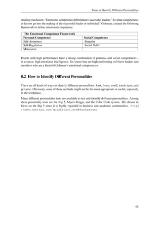 How to Identify Different Personalities


striking conclusion: “Emotional competence differentiates successful leaders.” So what competencies
or factors go into the making of the successful leader or individual? Goleman, created the following
framework to deﬁne emotional competence:

  The Emotional Competence Framework
  Personal Competence                                  Social Competence
  Self-Awareness                                       Empathy
  Self-Regulation                                      Social Skills
  Motivation

People with high performance have a strong combination of personal and social competences –
in essence, high emotional intelligence. So, teams that are high performing will have leaders and
members who are a blend of Goleman’s emotional competencies.


8.2 How to Identify Different Personalities

There are all kinds of ways to identify different personalities: look, listen, smell, touch, taste, and
perceive. Obviously, some of these methods might not be the most appropriate or useful, especially
in the workplace.
Many different personalities tests are available to test and identify different personalities. Among
these personality tests are the Big 5, Myers-Briggs, and the Color Code system. We choose to
focus on the Big 5 since it is highly regarded in business and academic communities. http:
//www.centacs.com/quickstart.htm#Background




                                                                                                    65
 