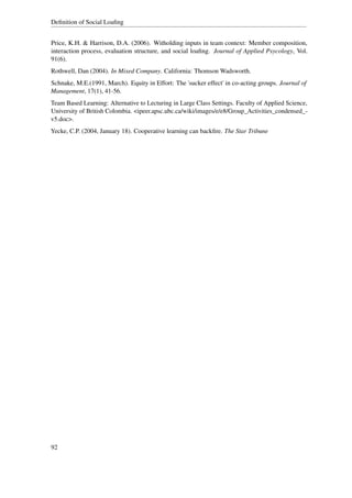 Deﬁnition of Social Loaﬁng


Price, K.H. & Harrison, D.A. (2006). Witholding inputs in team context: Member composition,
interaction process, evaluation structure, and social loaﬁng. Journal of Applied Psycology, Vol.
91(6).
Rothwell, Dan (2004). In Mixed Company. California: Thomson Wadsworth.
Schnake, M.E.(1991, March). Equity in Effort: The 'sucker effect' in co-acting groups. Journal of
Management, 17(1), 41-56.
Team Based Learning: Alternative to Lecturing in Large Class Settings. Faculty of Applied Science,
University of British Colombia. <ipeer.apsc.ubc.ca/wiki/images/e/e8/Group_Activities_condensed_-
v5.doc>.
Yecke, C.P. (2004, January 18). Cooperative learning can backﬁre. The Star Tribune




92
 
