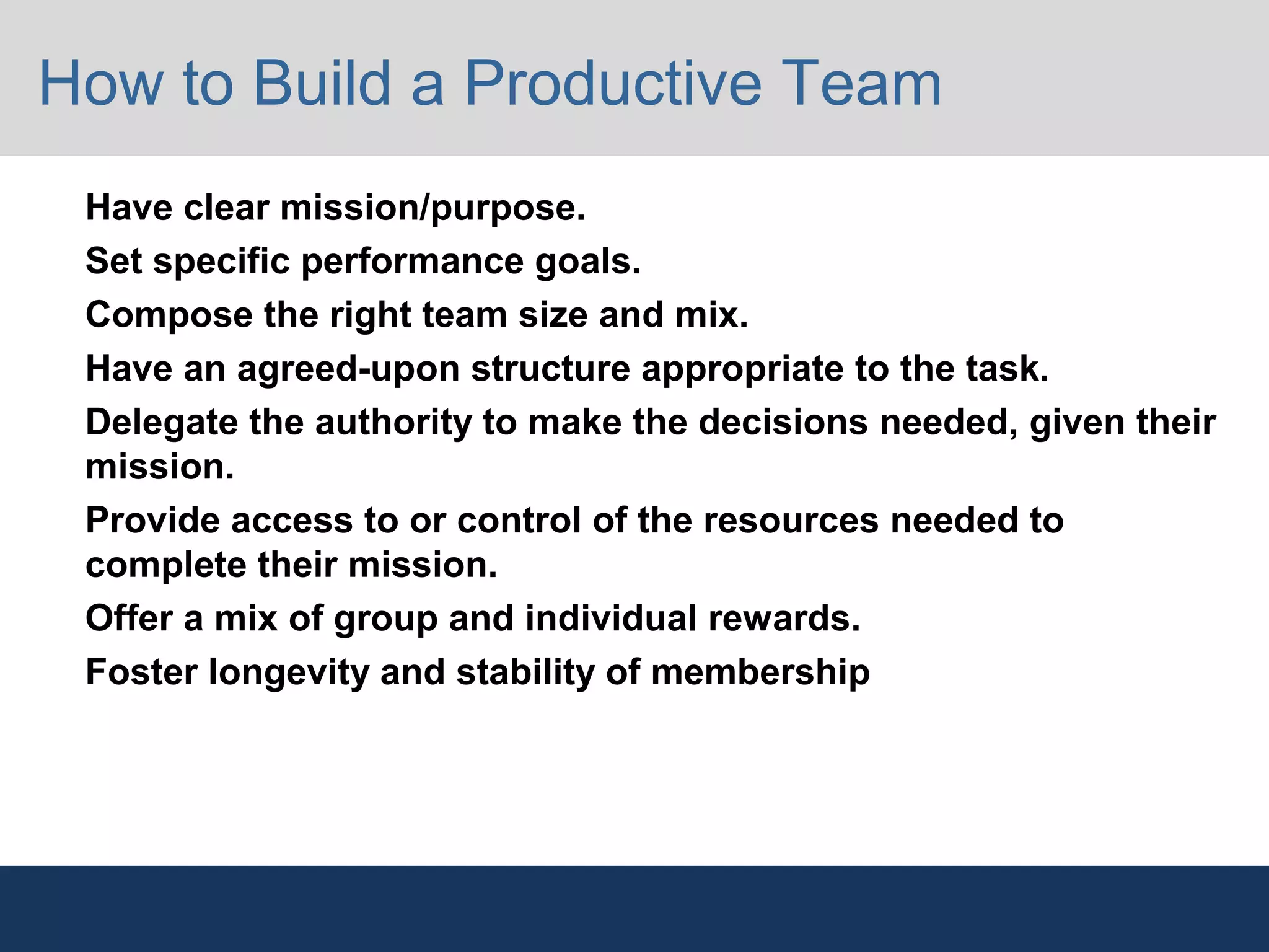 How to Build a Productive Team

Have clear mission/purpose.

Set specific performance goals.

Compose the right team size and mix.

Have an agreed-upon structure appropriate to the task.

Delegate the authority to make the decisions needed, given their
mission.

Provide access to or control of the resources needed to
complete their mission.

Offer a mix of group and individual rewards.

Foster longevity and stability of membership
 
