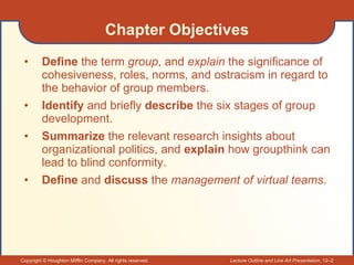 Chapter Objectives <ul><li>Define  the term  group , and  explain  the significance of cohesiveness, roles, norms, and ost...