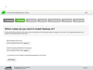 .




    Architecting the Future of Big Data
                                          Page 15
    © Hortonworks Inc. 2012
 