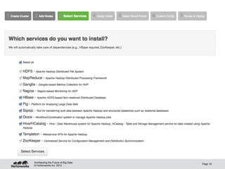 .




    Architecting the Future of Big Data
                                          Page 18
    © Hortonworks Inc. 2012
 