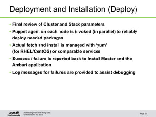 Deployment and Installation (Deploy)
•  Final review of Cluster and Stack parameters
•  Puppet agent on each node is invoked (in parallel) to reliably
   deploy needed packages
•  Actual fetch and install is managed with ‘yum’
   (for RHEL/CentOS) or comparable services
•  Success / failure is reported back to Install Master and the
   Ambari application
•  Log messages for failures are provided to assist debugging




       Architecting the Future of Big Data
                                                                    Page 21
       © Hortonworks Inc. 2012
 